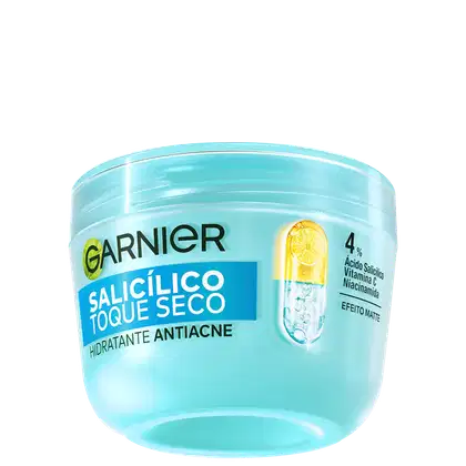 Hidratante Facial Garnier Toque Seco Antiacne 85g em um pote redondo azul.