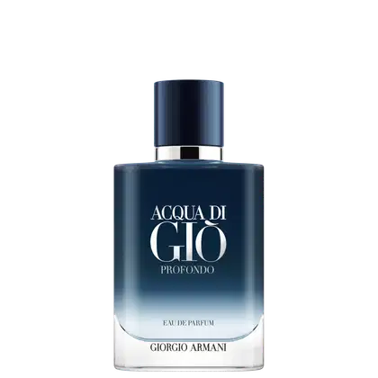 O produto apresentado é um frasco de perfume da linha Acqua di Gio Profondo da Giorgio Armani. O frasco é predominantemente azul escuro, com um gradiente que se torna mais claro em direção à base.
