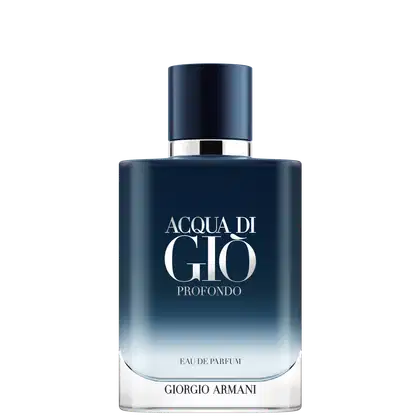 O produto apresentado é um frasco de perfume da linha Acqua di Gio Profondo da Giorgio Armani. O frasco é predominantemente azul escuro, com um gradiente que se torna mais claro em direção à base.
