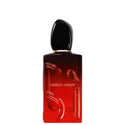 O frasco possui um formato retangular com uma tampa oval, com a marca "Giorgio Armani" impressa em destaque. A cor predominante é o vermelho escuro, com um acabamento brilhante.