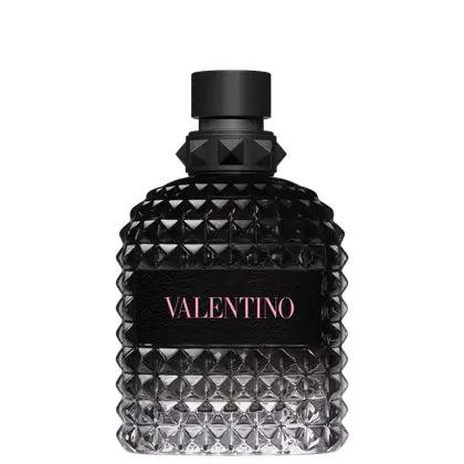 Frasco de perfume Valentino preto com textura geométrica e tampa preta. Rótulo em destaque com o nome da marca em rosa. Embalagem sofisticada e elegante.
