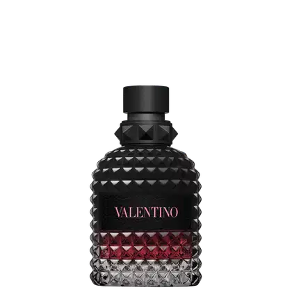 Frasco de perfume Valentino preto com detalhes geométricos em relevo, tampa redonda e rótulo com o nome da marca em destaque. Embalagem com design sofisticado e elegante.