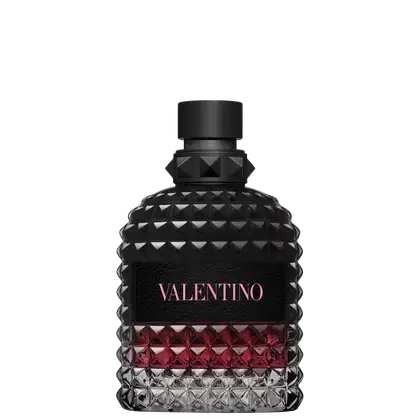 Frasco de perfume Valentino preto com textura piramidal e detalhes em vermelho, contendo o nome da marca em destaque.