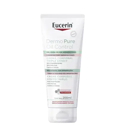 Eucerin Dermo Pure Oil Control, um creme corporal em embalagem branca com detalhes em vermelho e verde, projetado para pele oleosa com imperfeições e manchas pós-acne.