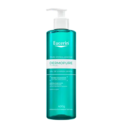 Frasco de gel de limpeza facial Eucerin Dermopure Clinical, com bomba doseadora, em tom verde-azulado, com rótulo branco e texto legível sobre pele mista e acneica.