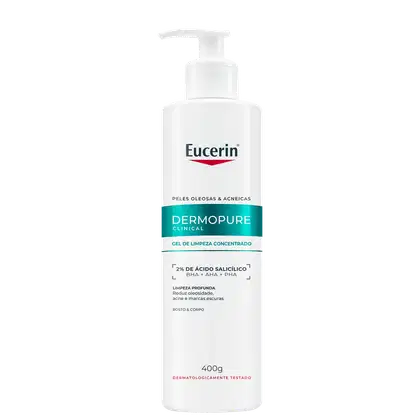 Frasco branco com bomba doseadora da marca Eucerin, contendo gel de limpeza concentrado para peles oleosas e acneicas, com 2% de ácido salicílico, para limpeza profunda, redução da oleosidade e marcas de acne.