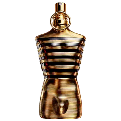 O frasco possui um design distintivo, com uma forma cilíndrica e listras douradas e pretas que se enrolam em torno do corpo. O topo do frasco é arredondado e dourado, com um pequeno bico pulverizador.