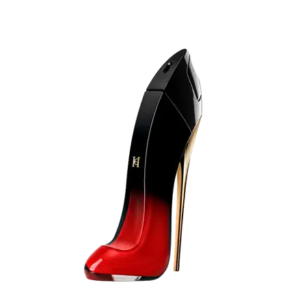 Very Good Girl Elixir Eau de Parfum Carolina Herrera, frasco em formato de salto alto com degradê preto e vermelho intenso.