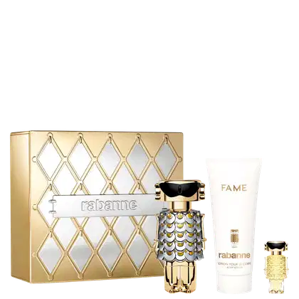 Eau de Parfum 80ml + Creme corporal 100ml + Eau de Parfum 4ml e caixa da embalagem.