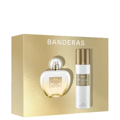 O frasco de perfume possui um design elegante, com um formato arredondado e uma tampa dourada. O frasco de desodorante possui um design mais simples, com uma embalagem branca e o nome da marca impresso em dourado