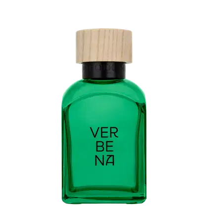 Frasco de perfume da marca Adolfo Dominguez, com um design moderno e minimalista. O frasco possui uma forma cilíndrica com uma tampa de madeira, e a cor predominante é um verde vibrante. O rótulo do produto exibe o nome "VERBENA" em letras pretas.