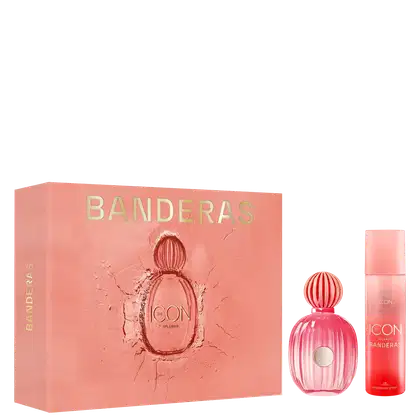 Eau de Parfum 100 ml + Desodorante Spray 150 ml ao lado da caixa da embalagem, cor predominante é o rosa.