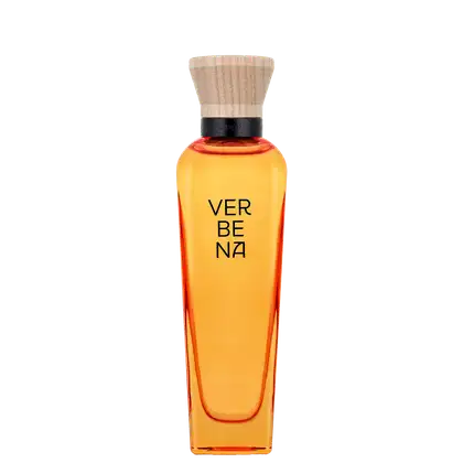 O frasco possui um formato cilíndrico e uma tampa de madeira. A embalagem tem uma aparência elegante e minimalista com cor laranja vibrante.