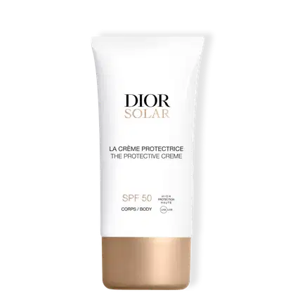 A embalagem é um tubo branco com detalhes em dourado e o logotipo da Dior e o nome do produto em destaque. O tubo também exibe informações sobre o fator de proteção solar (SPF 50) e que se trata de uma "creme protetora" para o corpo.