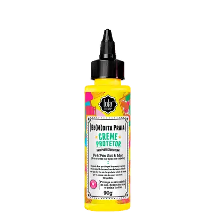 Frasco de creme protetor para cabelos da marca Lola From Rio, com rótulo colorido em amarelo, rosa e preto, contendo 90g do produto.