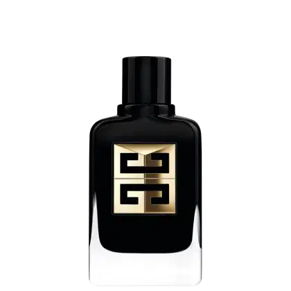 O frasco possui um design elegante e minimalista, com uma cor predominantemente preta e detalhes em dourado. O rótulo exibe o logotipo da marca Givenchy em destaque, com uma composição geométrica em preto e dourado.