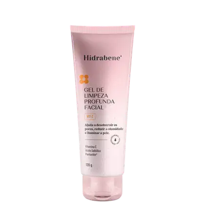 Gel de limpeza profunda facial da marca Hidrabene.  O tubo contém informações sobre os principais ingredientes e benefícios do produto, como ajudar a desobstruir os poros, reduzir a oleosidade e iluminar a pele.