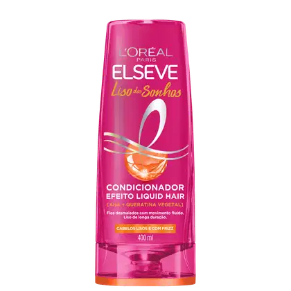 Frasco rosa de condicionador Elseve Liso dos Sonhos, com 400 ml de volume, contendo informações sobre sua fórmula com AHA e queratina vegetal para cabelos lisos e com frizz.