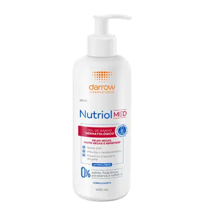 Gel de banho dermatológico da linha Nutriol Med da Darrow. A embalagem é um frasco com um rótulo azul e laranja, contendo 400 mL do produto. O rótulo destaca que é indicado para peles secas, muito secas e sensíveis, proporcionando nutrição por 24 horas