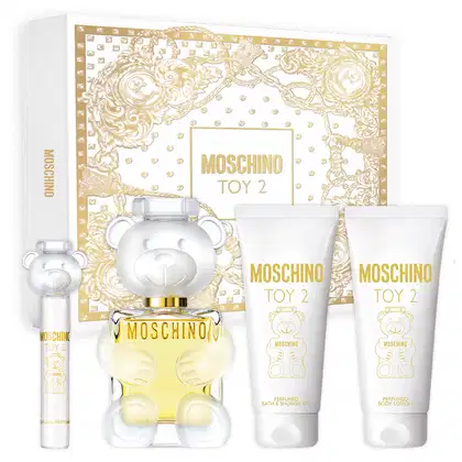 Produtos Toy 2 Moschino com perfume, gel de banho, loção corporal e travel spray