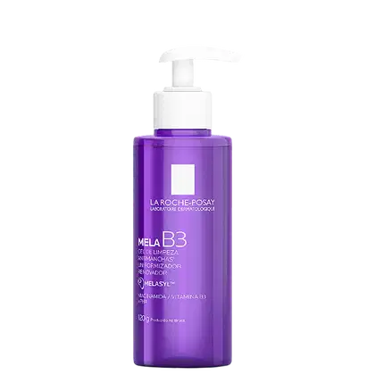 Frasco de gel de limpeza facial da linha Mela B3 da La Roche-Posay, com embalagem roxa e branca, contendo informações sobre o produto e sua fórmula com vitamina B3.
