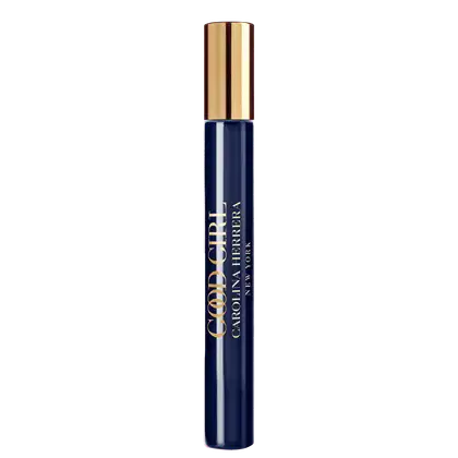 Frasco de perfume Good Girl da marca Carolina Herrera, com embalagem travel size azul escura e detalhes dourados.