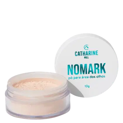 Embalagem branca circular contendo pó para área dos olhos da marca Catharine Hill, chamado "Nomark". Rótulo com nome da marca e produto em letras azuis.