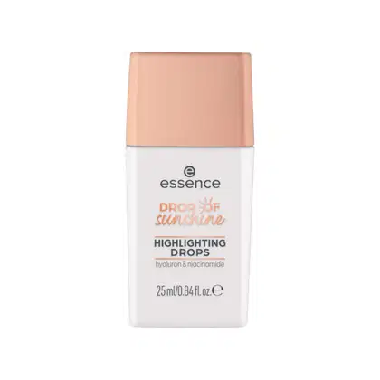 Essence Drop of Sunshine Highlighting Drops, um frasco de 25 ml com tampa rosada, contendo um produto líquido para realce da pele, com ingredientes como hialuronato e niacinamida.