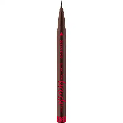Caneta delineadora líquida da marca Essence, com ponta fina e precisa, em embalagem marrom com detalhes vermelhos e texto "Super fine liner".