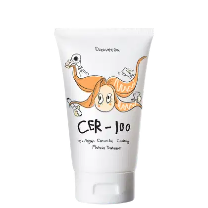 Tubo branco com ilustração de personagem e texto "CER-100 Collagen Ceramide Coating Protein Treatment". Produto de tratamento capilar da marca Elizavecca