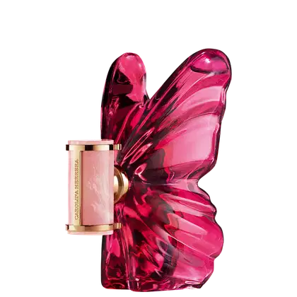 Frasco de perfume Carolina Herrera em formato de borboleta, com embalagem de vidro rosa intenso e detalhes dourados no rótulo.