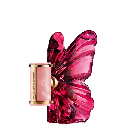 Frasco de perfume Carolina Herrera em formato de borboleta, com tampa dourada e corpo em tom de rosa intenso, destacando a elegância e sofisticação da marca.