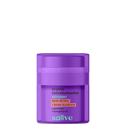 Creme retexturizador noturno Sallve com nano retinol, ácido glicólico, pantenol e ômegas 6 e 9, em embalagem roxa com rótulo destacado.