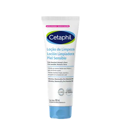 Tubo de limpeza facial da marca Cetaphil, com 100 ml de conteúdo. O rótulo apresenta o nome da marca em destaque, junto com a descrição "Loção de Limpeza Piel Sensible" e informações sobre os ingredientes e benefícios do produto.