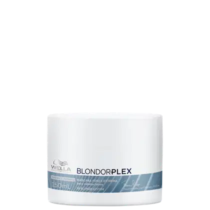 Embalagem branca cilíndrica de 150 ml da máscara Blondorplex da linha Wella Professionals, com rótulo azul indicando ser um produto para sistema de cabelos loiros.