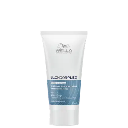 Tubo branco de 30 ml da linha Blondorplex da Wella Professionals, com rótulo azul e prata indicando "Máscara força extrema para cabelos loiros".