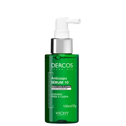 Sérum anticaspa Dercos Technique da Vichy, com 100ml, em embalagem verde e branca, com rótulo destacando "Anticaspa Sérum 10" e "Cuidado para a caspa".