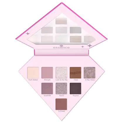 Paleta de sombras de olhos da marca Essence, com 10 tons em tons de rosa, cinza e marrom.