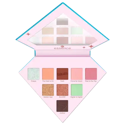 Paleta de sombras de olhos da marca Essence, com 12 tons em tons neutros, rosados e dourados, em embalagem rosa e azul com estrelas.