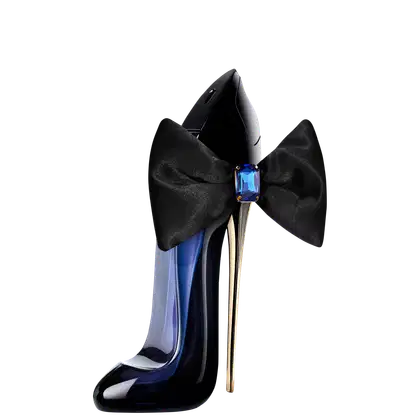 Frasco de perfume preto com laço de cetim preto e pedra azul, embalagem elegante e sofisticada da marca Carolina Herrera.