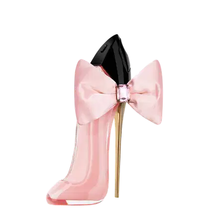 Sapato de salto alto rosa com laço decorativo e detalhe de cristal, em embalagem preta elegante. Produto da marca Carolina Herrera, com design sofisticado e glamoroso.