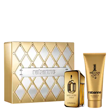 Conjunto de produtos de beleza da marca Rabanne, composto por um frasco de perfume dourado com detalhes em prata, um tubo de gel de banho dourado e uma caixa dourada com padrão geométrico.
