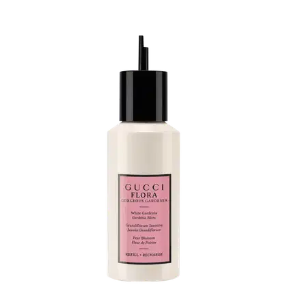 Frasco de item de perfumaria da marca Gucci com rótulo rosa e branco, contendo texto "Gucci Flora Gorgeous Gardenia" e informações sobre notas olfativas.