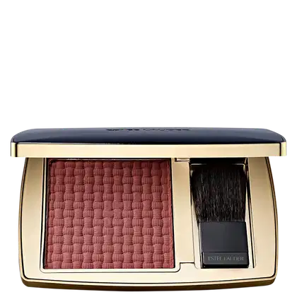 Compacto de maquiagem Estée Lauder com blush de tom vinho e pincel aplicador em embalagem dourada e preta.
