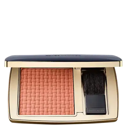 Compacto de maquiagem Estée Lauder com blush de tom rosa claro e pincel aplicador em embalagem dourada e preta.