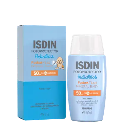 Produto de proteção solar ISDIN Pediatrics Fusion Fluid Mineral Baby, com embalagem azul e branca, contendo 50 ml de produto com FPS 50 e indicação para pele de crianças e bebês, sem perfume.