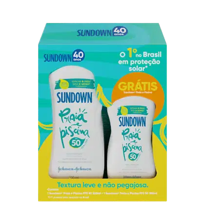 Kit com protetores solares Praia e Piscina FPS 50, da marca Sundown.