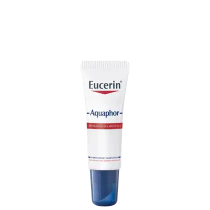 Bisnaga branca com rótulo da marca Eucerin, contendo texto "Aquaphor" e "Reparação de Lábios S.O.S." em azul e vermelho, com informações sobre o produto de cuidados para a pele.