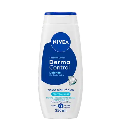 Frasco branco e azul da linha Derma Control da Nivea, com 250 ml de sabonete líquido para pele, contendo ácido hialurônico e pró-vitamina B5 para prevenir o ressecamento da pele.