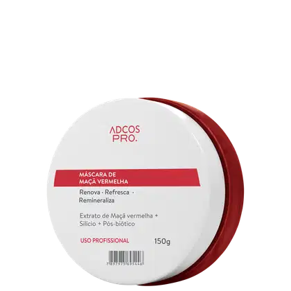 Máscara de maçã vermelha da linha Adcos Pro. Embalagem circular branca com rótulo vermelho, contendo 150g do produto. Destaca extrato de maçã vermelha, silício e pós-biótico como ingredientes.